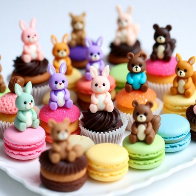 Sweet treats with cute figures displayed on a tray