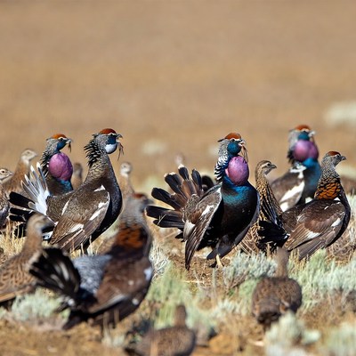 Birds gather in open field during daylight