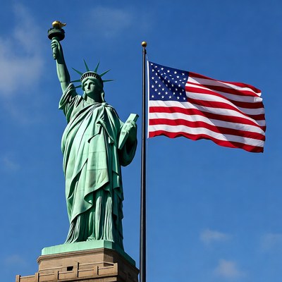 Statue of liberty with american flag