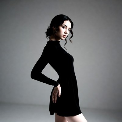 Model poses in a black dress
