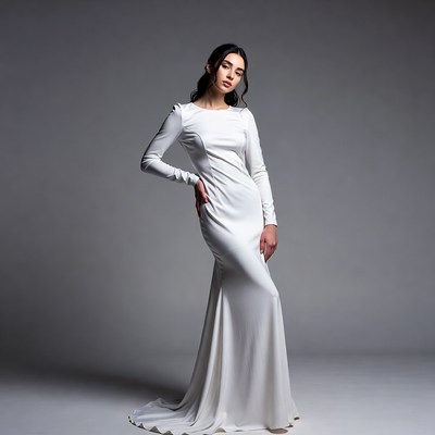 Model posing in a white dress