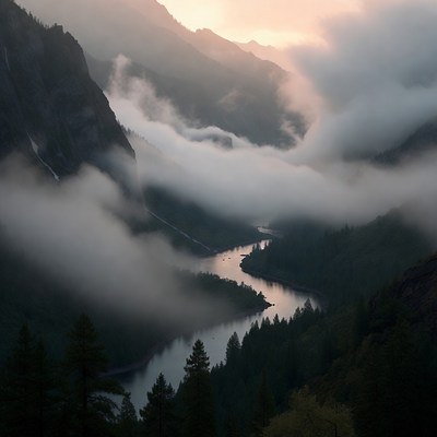 Mountains and river in morning mist