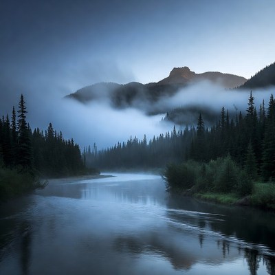 Mist over river and mountains at dawn