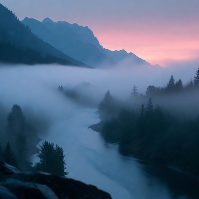 Foggy river at twilight in the mountains
