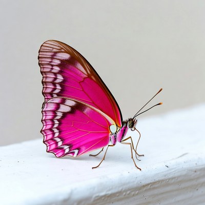 Bright pink butterfly on white surface
