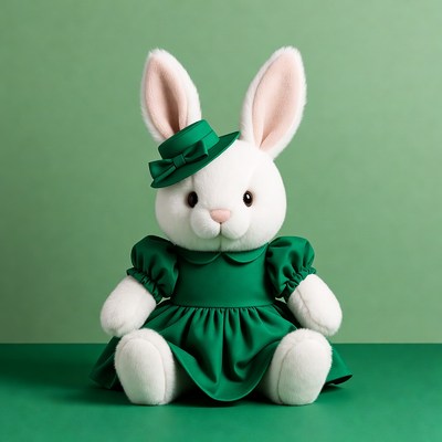 White rabbit in green dress and hat