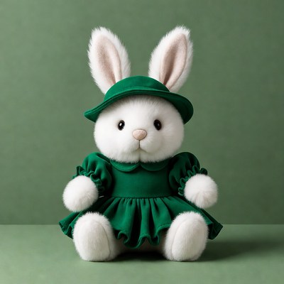 Plush bunny in green outfit