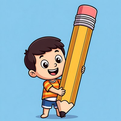 Boy holding large pencil with smile