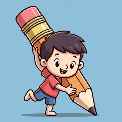 Child holding large pencil with smile