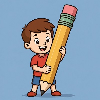 Boy with large pencil in classroom