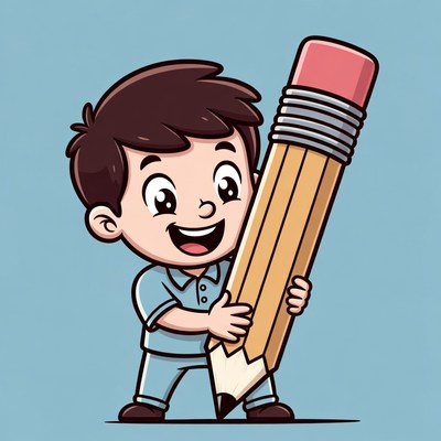 Child holds large pencil happily