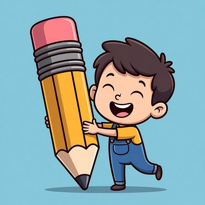 Child holding giant pencil happily