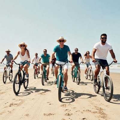 Group rides bikes on beach together