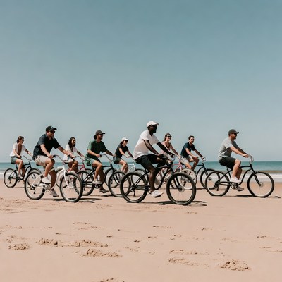 Group biking along the beach