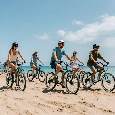 Group biking on sandy beach