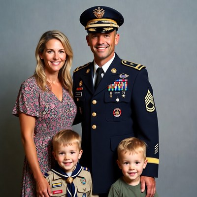 Family poses with soldier in uniform