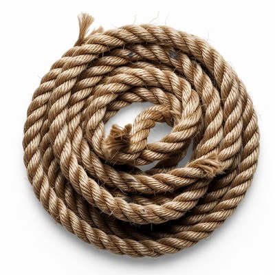 Natural fiber rope coiled on white surface