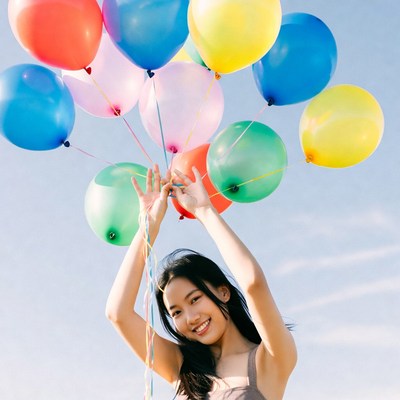Girl holding colorful balloons outdoors