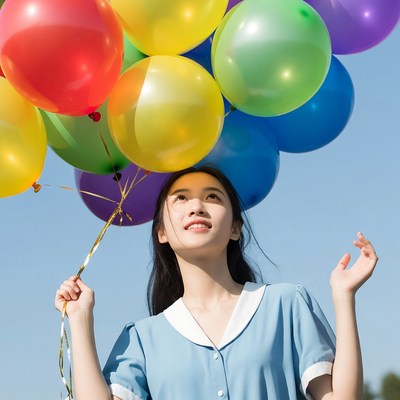 Girl holding colorful balloons outdoors