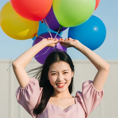 Girl holds colorful balloons outdoors