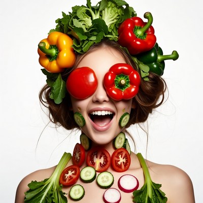 Woman with vegetable accessories posing