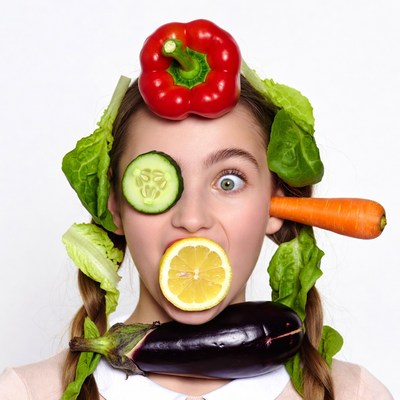 Funny face with vegetables on head
