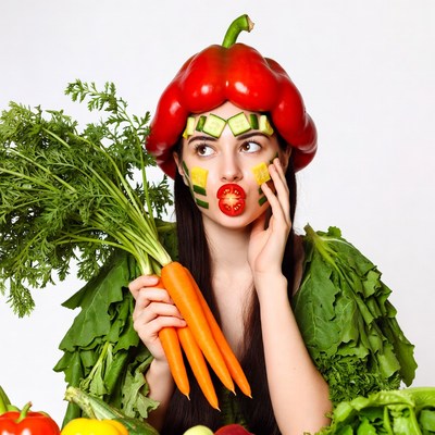 Woman with vegetable-themed outfit in kitchen