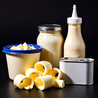 Containers of sauces and spreads on black surface