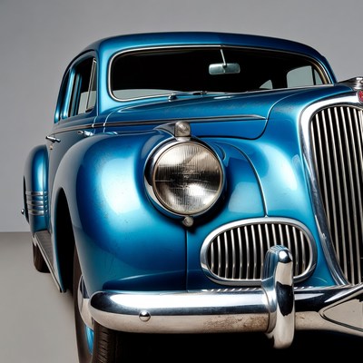 Classic blue car display indoors