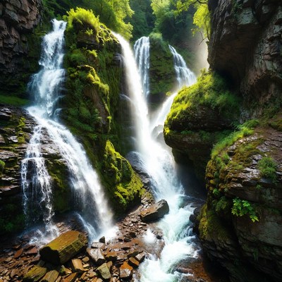 Waterfalls in a forest setting