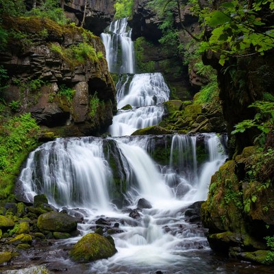 Waterfall cascading through rocks in a forest