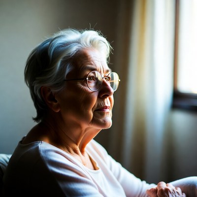 Elderly woman looking out window