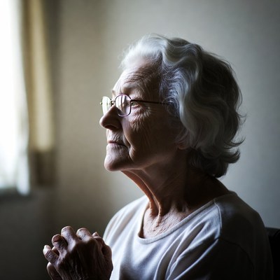 Elderly woman looking out window