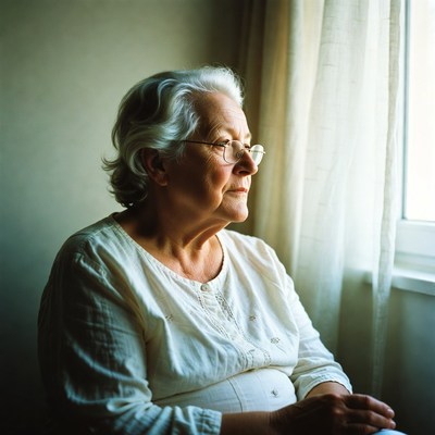 Elderly woman gazing by window