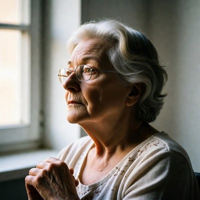 Old woman looking out window