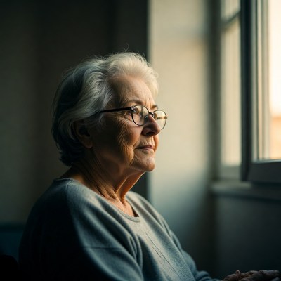 Elderly woman looking out window
