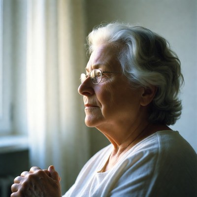 Elderly woman in thoughtful pose by window