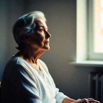 Senior woman looking out a window