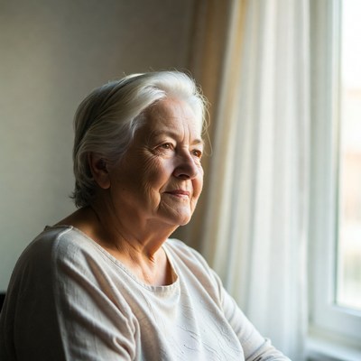 Elderly woman looking out window