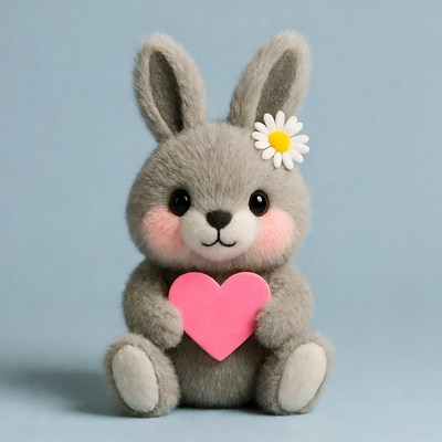 Soft gray bunny holds pink heart