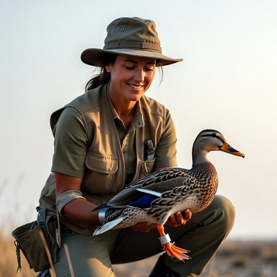 Wildlife biologist with duck at sunset