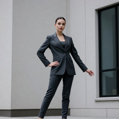 Woman in suit poses in urban setting