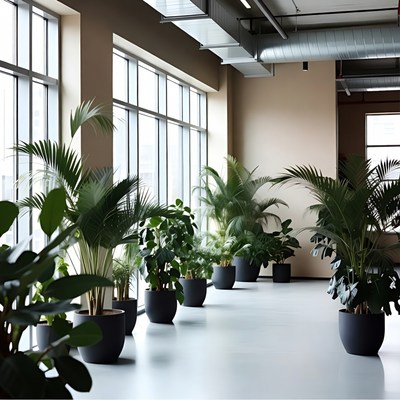 Green plants in indoor space with large windows