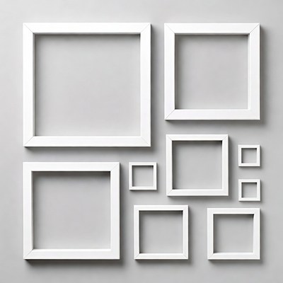 Arrangement of white picture frames on wall