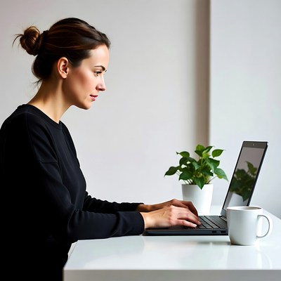 Woman working on laptop at home