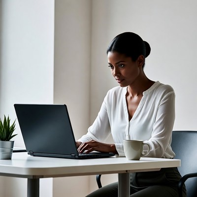 Woman working at desk with laptop
