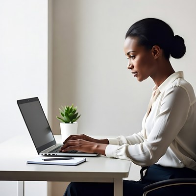 Woman working at a desk in a bright room