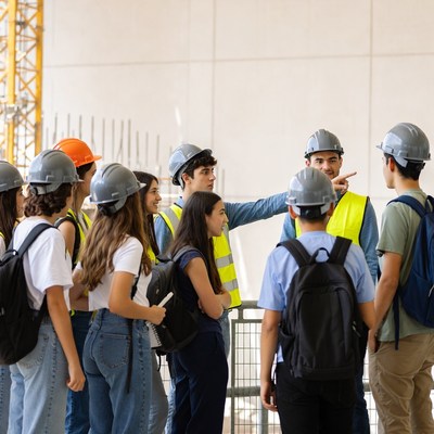 Group of students learning at construction site