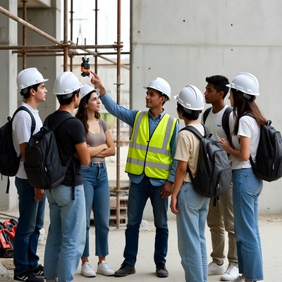 Students learning construction skills