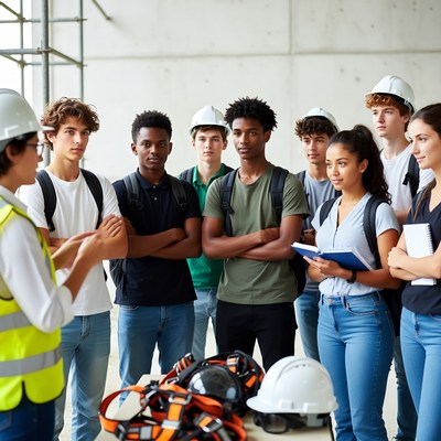 Students learning construction skills
